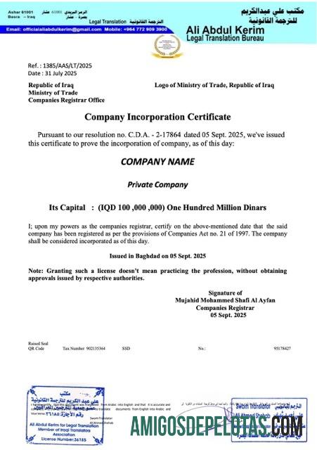 Certificado de incorporação de empresa do Iraque para download, modelo Word e PDF